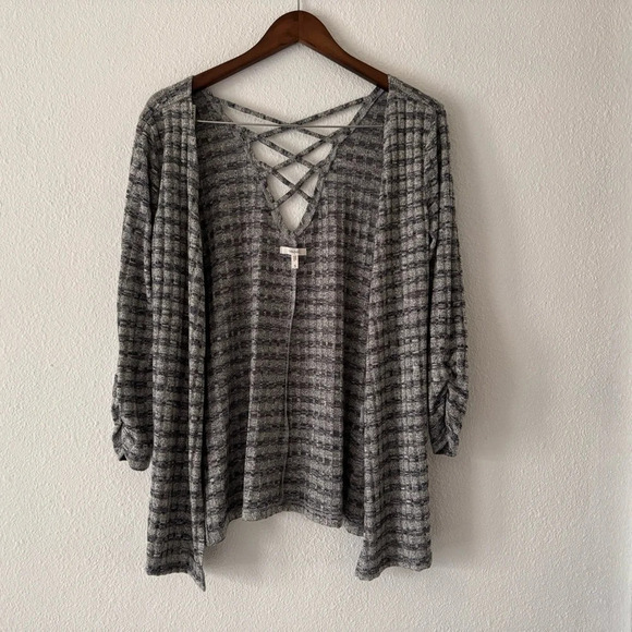 Open Front Cardigan Long Ruche Sleeve Criss Cross Open Back Slit Side Small - Picture 10 of 10